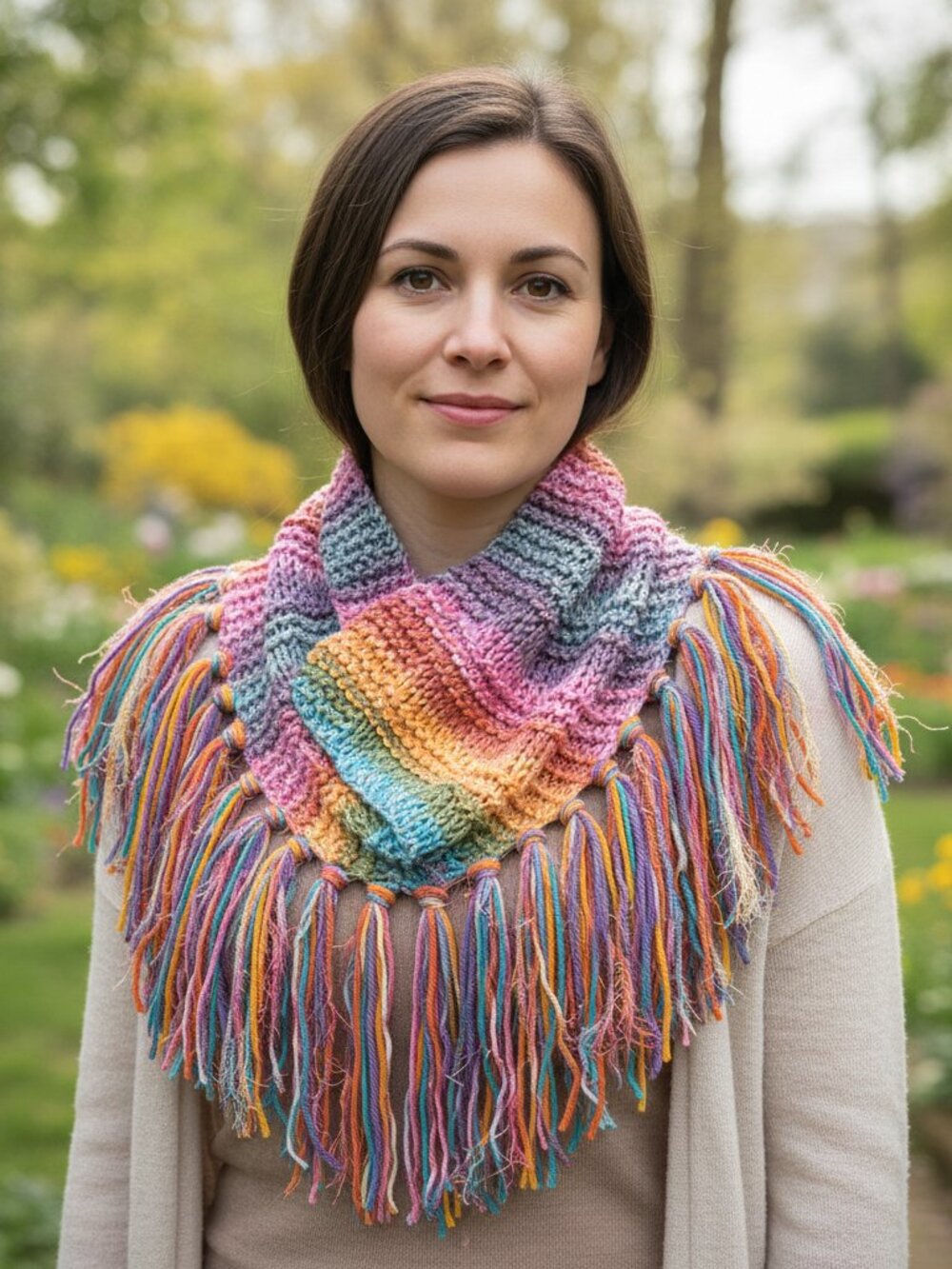 NEW Hand Knitted Stripe Boho Cowl Scarf Fringe Cottage Whimsy Indie Festival Mod